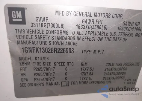 2008 Chevrolet Tahoe Ls z USA, uszkodzony, nr VIN 1GNFK13028R226903